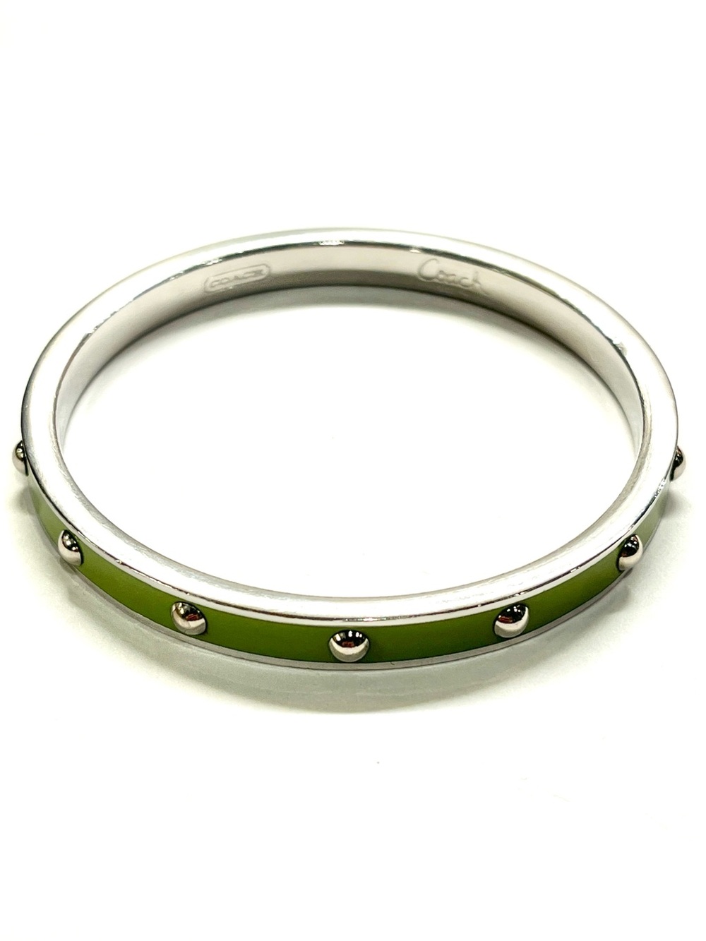 Coach Silvertone Green Enamel Studded Bangle Bracelet EUC